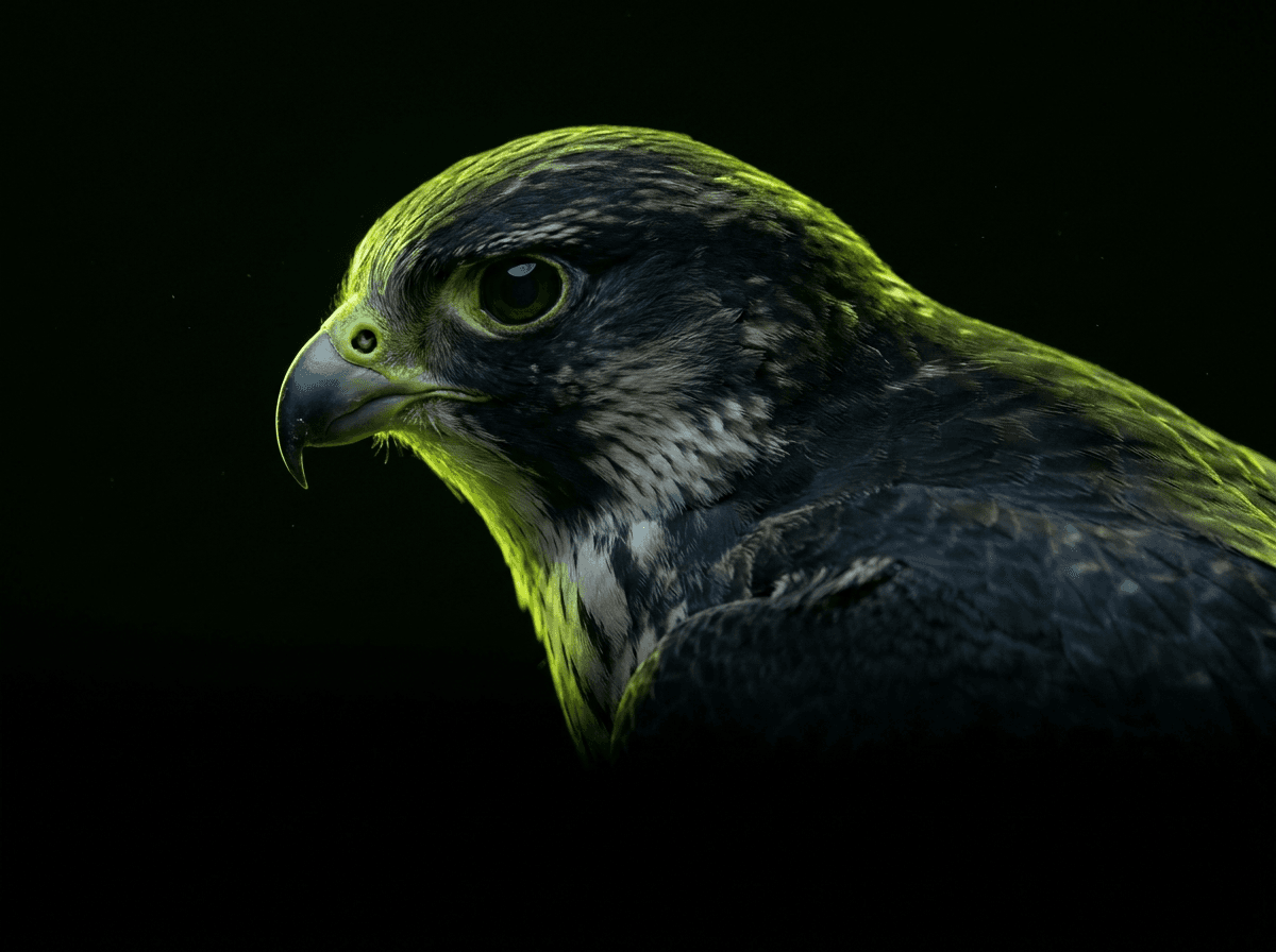 EcomFalcon — a falcon in profile against a dark background, edged in electric lime light