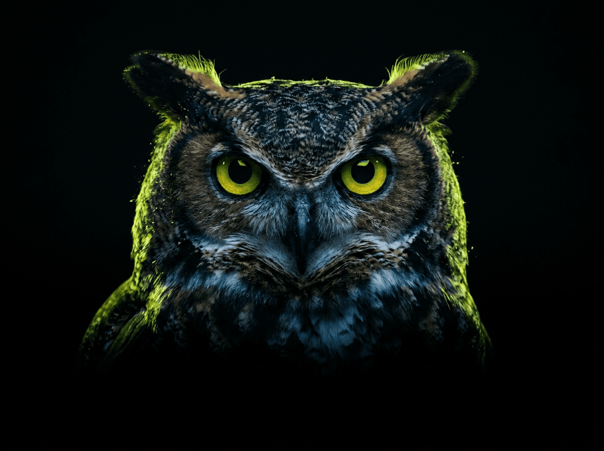 Night Owl — a great horned owl staring straight ahead in the dark, edged in electric lime light
